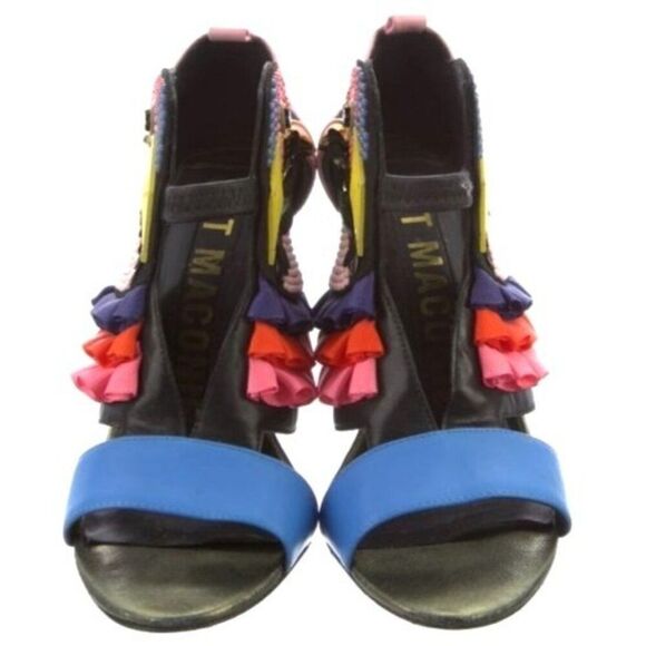 KAT MACONIE Aya Bird Ruffle Sequin Heeled Sandal Block Heel Multicolor Leather - Picture 3 of 5